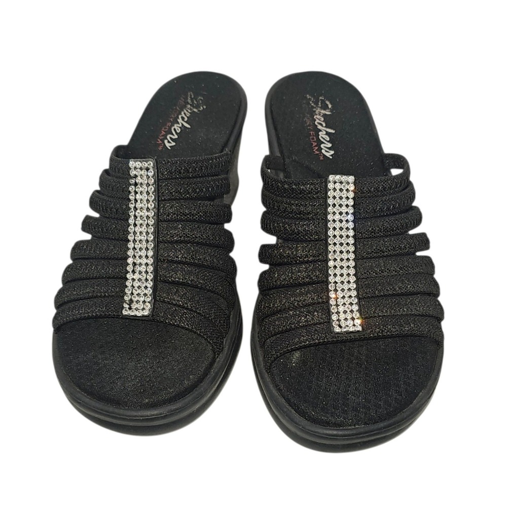 Skechers Cali Memory Foam Rumblers Hotshot Black Wedge Slide w/Rhinestones Sz 9 - Picture 2 of 8